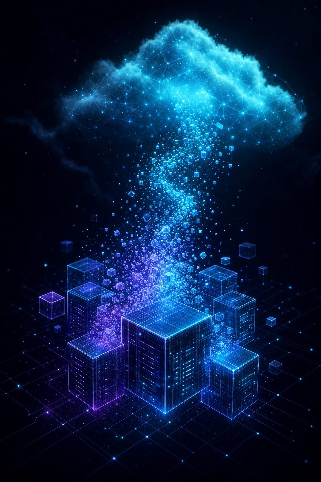 Servers dissolving into a glowing cyan cloud