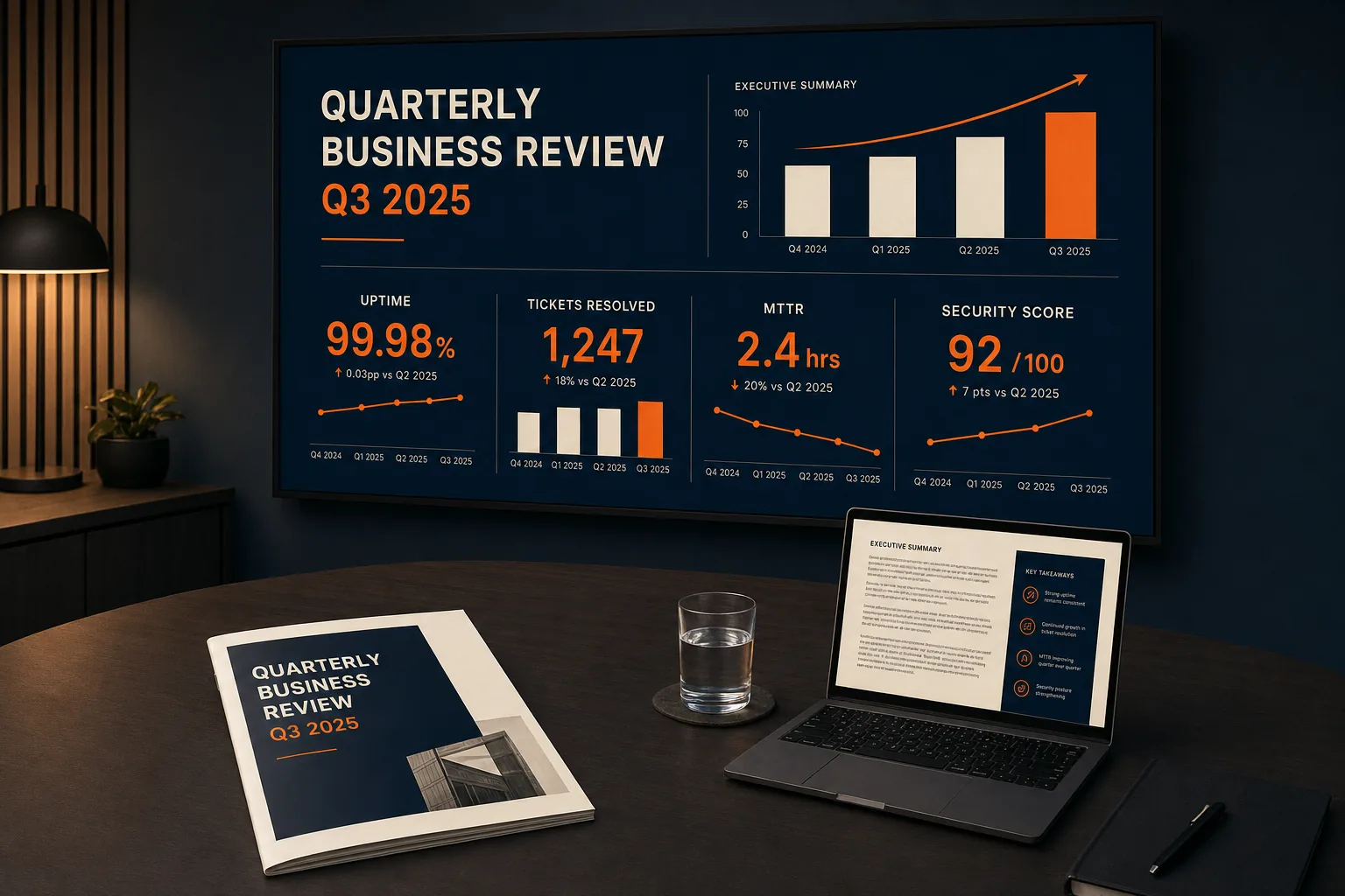 Quarterly Business Review presentation showing uptime, tickets, MTTR and security score metrics.